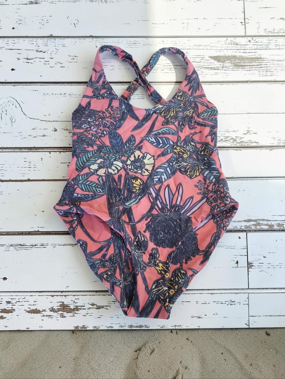 Aila Blue Midnight In Paris Floral One Piece Swimsuit Cross Back Size Small
